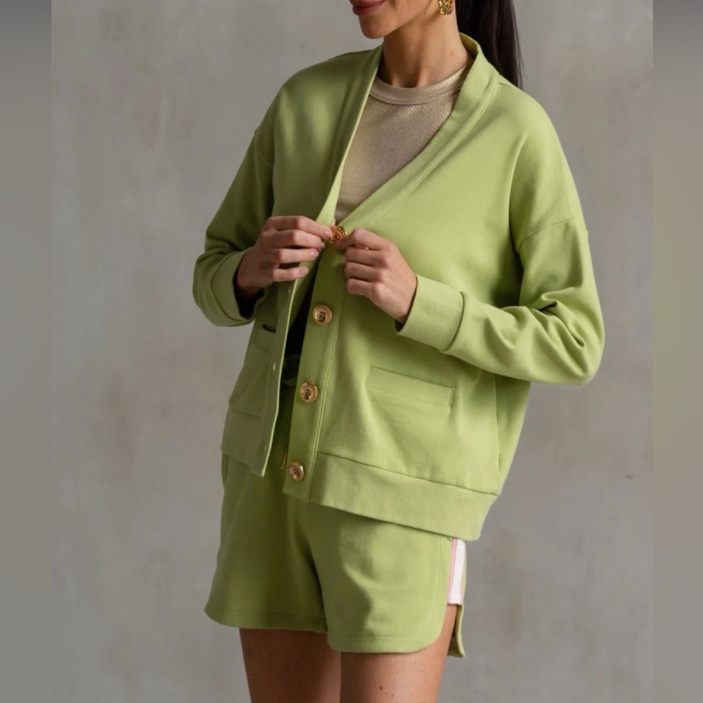 NWT CARE TUCKER Palm Green interlock Cardigan & Track Short Set S